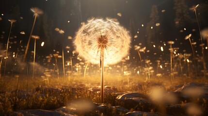 Autumn sunrise landscape with Flowered dandelion. Autumn fluffy white flower of a dandelion. Dandelion seeds.
