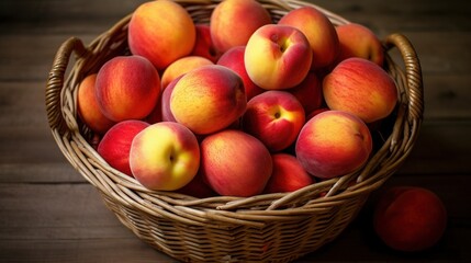  a basket filled with lots of ripe peaches on top of a wooden table.  generative ai