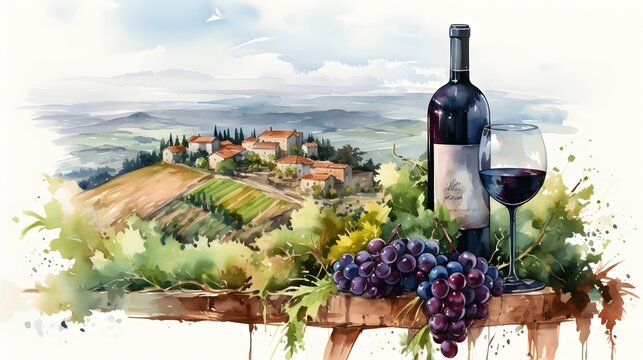 Bunch of blue grapes, red wine bottle and wine glass on landscape with hills and vineyards, Italy. Watercolor or aquarelle painting illustration.
