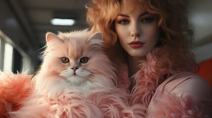 Beautiful young woman with long curly hair and red lips in a pink fur coat with a white fluffy cat