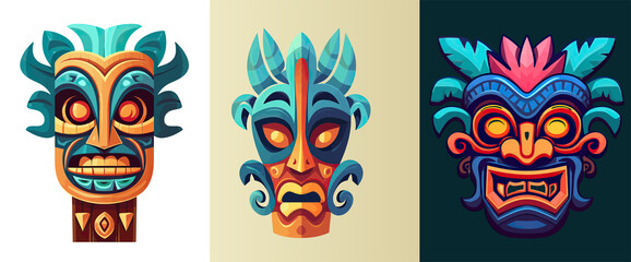 Tiki masks, tribal wooden totems, hawaiian or polynesian style attributes