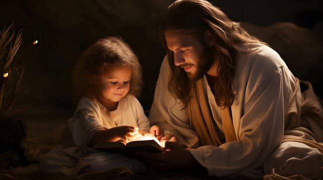 Jesus reading holy bible to little children in the dark. Jesus and child, biblical illustration.