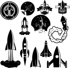 Set of the vector rockets labels. Spaceships silhouettes collection. Label and emblem design template. Vectordesign elements.