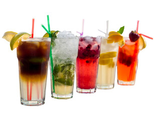 Lots of colored lemonades and cocktails in glasses. Fruit, citrus and berry lemonades and mojitos - 631197765