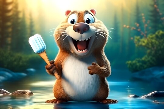 Funny hamster with a broom in the forest. 3d rendering. Cartoon character beaver. Beaver with a brush in his paw. 3d render

