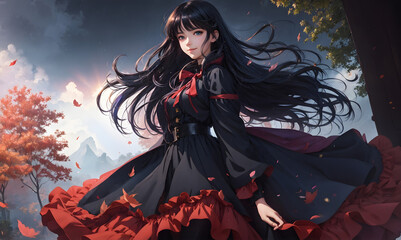 Beautiful Anime Girl smiling in Black and Red dress with Long Hair 