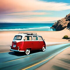 Fototapeta na wymiar Little vintage red van on the road near the ocean.