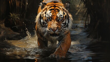 Fototapeta na wymiar a painting of a tiger walking through a body of water. generative ai