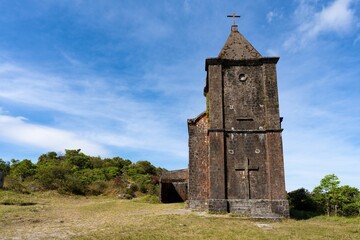 Bokor Catholic Church on a hill on a sunny day in Cambodia