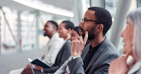 Business people, meeting and listening to presentation, workshop or conference at the office. Happy group of employees, businessman or audience in team training for company goals, mission or startup