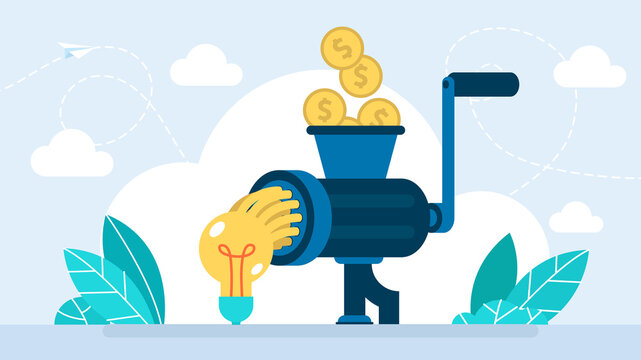 Fee per idea. Pennies fall into a meat grinder and turn into an idea. The concept of creative payment. Finance business, coins fall into a meat grinder and transformed into light bulb. Illustration