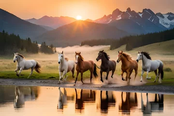 Zelfklevend Fotobehang horses in the mountains Generated Ai © Abdul