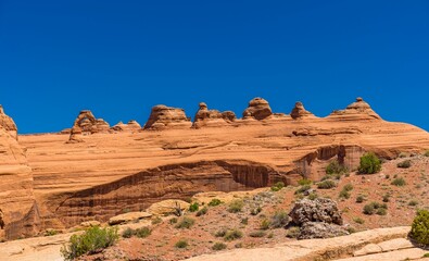 Shot of Arches National Park, highlighted by the rocky terrain and greenery