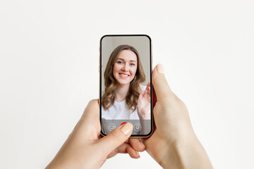 Psychologist online consultation, female hands using video call on phone