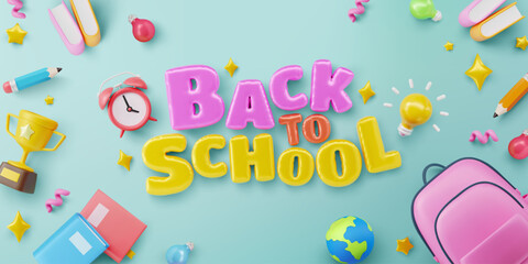 Back to School banner template with school backpack,pencil,books,alarm clock and School elements.Back to School campaign in flat lay styling,Promotion and shopping template for education concept