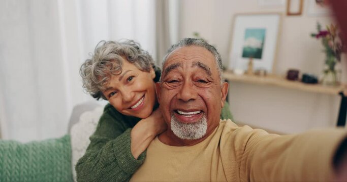 Senior couple, face and selfie in home with smile, excited and relax with blog, post or love for bonding in lounge. Old man, elderly woman and happy for profile picture, social network or photography