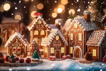 Christmas gingerbread houses on wooden table with bokeh background.. Pastries in the form of houses. Festive scene with holiday pastries. Christmas and New Year background. - Powered by Adobe