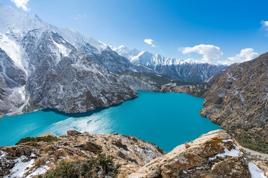 Drone view of the beautiful Phoksundo lake in Western Nepal