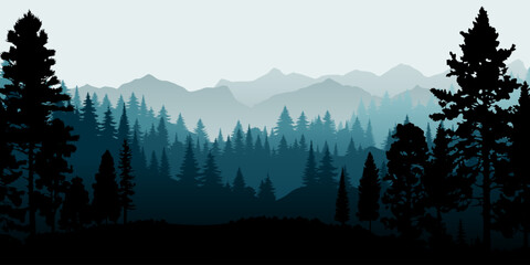 A beautiful vector illustration of a misty forest landscape with coniferous trees in silhouette. The evergreen trees, mountains, and natural environment perfect for backgrounds of nature, wildlife