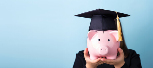 Pink piggy bank with cap for education investment	