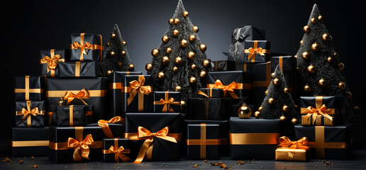 Christmas gift or present black box and holiday decoration against magic bokeh background. AI Generated