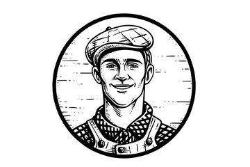 Cheesemaker or seller drawing ink sketch, vintage engraved style vector logotype illustration.