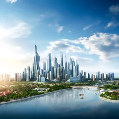 Poster business city, city skyline with lake, panoramic view © Tetiana