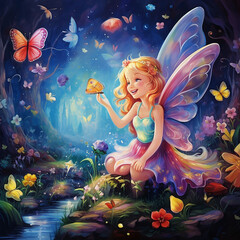 Obraz na płótnie Canvas Magical Fairy with Wings Playing with Butterflies.
