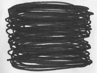 Black markers texture. Marker scribbles on paper textured pattern. Template design web banner. Close up of permanent black marker doodles. Curly lines and squiggles, strokes, ink sketches, drawings.