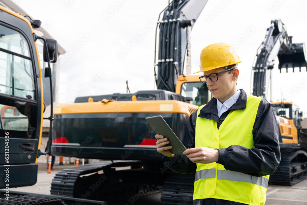 Aufkleber engineer in a helmet with a digital tablet stands next to construction excavators.