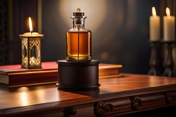 A closeup vintage perfume bottle on an antique podium, situated in a cozy corner of a luxurious Victorian-era mansion, with dim candlelight and ornate furniture, evoking a feeling of nostalgia and ele