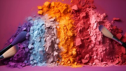 vibrant spectrum of colorful eyeshadows on bright pink backdrop. colorful shades for a mesmerizing gaze.