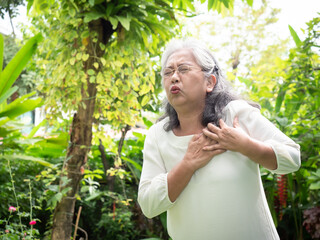 Asian senior woman suffering from heart attack at park. health of older women.