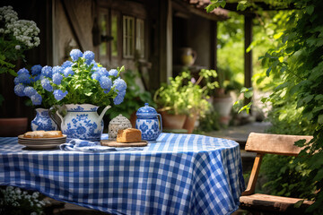 table with blue and white tablecloth and dishes in the garden, ai generated
