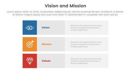 Fototapeta na wymiar business vision mission and values analysis tool framework infographic with 3 block row rectangle content 3 point stages concept for slide presentation vector