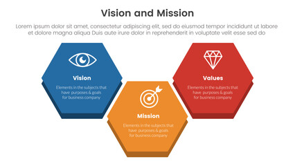 business vision mission and values analysis tool framework infographic with big honeycomb shape 3 point stages concept for slide presentation vector