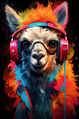 Lama farbig mit Kopfhörer