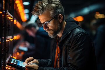 A man works at a computer, server room. IT network technology and management concept. Generative Ai.