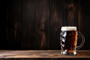 beer mug on wooden table with wooden background, ai generated