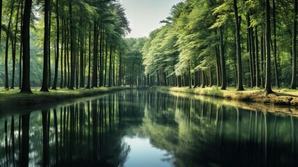  a river running through a forest filled with trees next to a forest.  generative ai