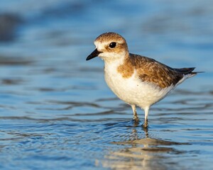 Brown feathered bird standing in a shallow body of water