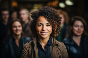 Fototapeta premium Woman smiling during casual meeting, concept of spending time visiting friends. Generative Ai.