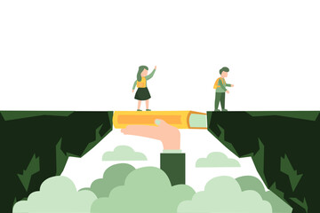 Vector illustration of the teacher hand holding a book as a bridge for students to study. a teacher's struggle, educator's sincerity. Flat design for website, banner and flyer.