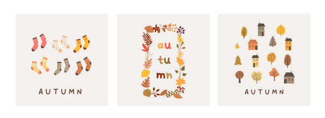 Fall autumn mood greeting card poster template. Welcome autumn season thanksgiving invitation. Minimalist postcard september leaves, trees, cozy houses. Vector illustration in flat cartoon style