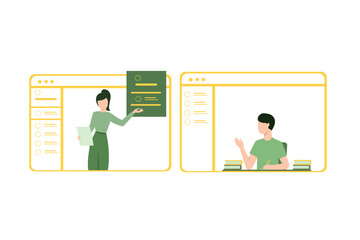 Vector illustration of Remote education and online studies. Teacher explaining new discipline to pupil via video call application. Flat design for website, banner and flyer