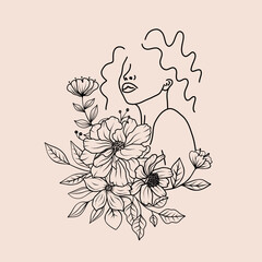 Floral woman face portrait with flowers, leaves bouquets line art sketch. One black line art female head with floral arrangement. Vector illustration in outline simple style