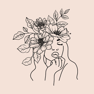 recommend clip art: Floral woman face portrait with flowers, leaves bouquets line art sketch. One black line art female head with floral arrangement. Vector illustration in outline simple style