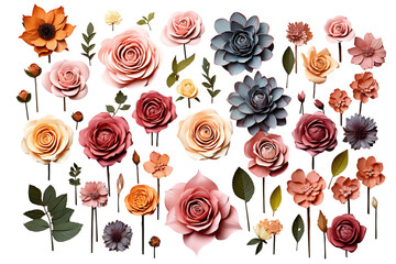 Fototapeta na wymiar a collection of a variety size of rose flowers on a white background PNG