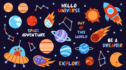 Cute cosmic elements and phrases isolated on a dark background. Colorful planets, asteroids, comet, stars, sun, moon, rocket, ufo and constellations.