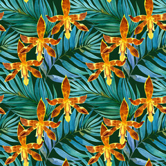 Watercolour tropical tree palm leaves with yellow Leopard Orchid flower illustration seamless pattern. On green background. Hand-painted. Floral elements, jungle leaves.